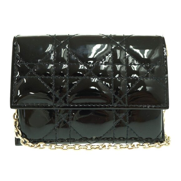 CHRISTIAN DIOR Chain Card Case Coin Wallet Shoulder Bag Patent Leather Black - Picture 2 of 8